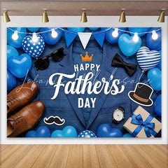 Celebrate Happy Fathers Day Blue Plaid Backdrop with Suit and Balloons Elegant Photo Background for Celebration and Party Decor