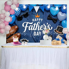 Celebrate Happy Fathers Day Blue Plaid Backdrop with Suit and Balloons Elegant Photo Background for Celebration and Party Decor