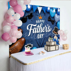 Celebrate Happy Fathers Day Blue Plaid Backdrop with Suit and Balloons Elegant Photo Background for Celebration and Party Decor