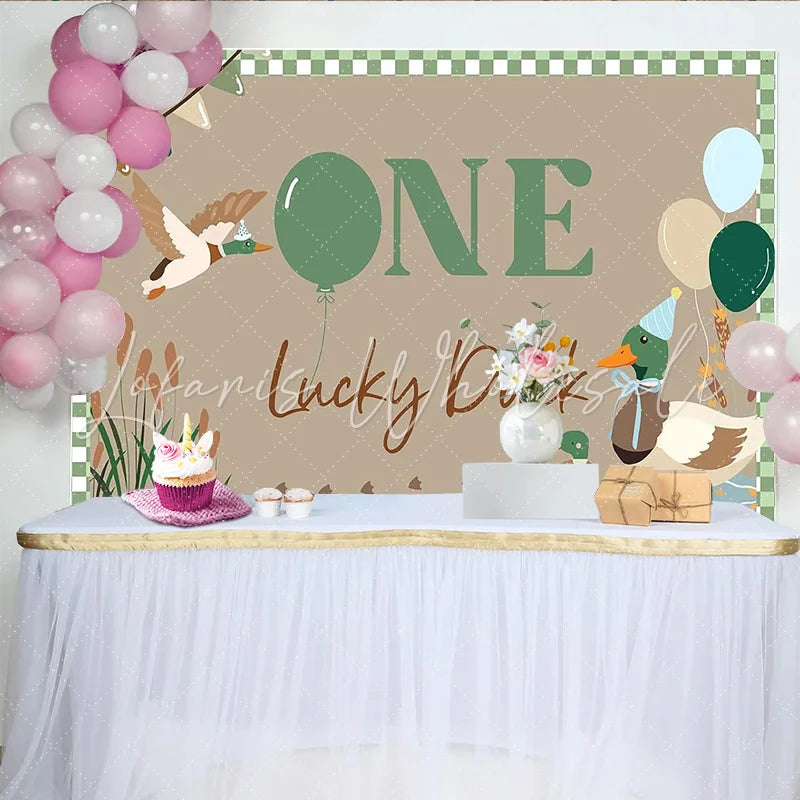 Celebrate One Lucky Duck Animal Birthday Backdrop for 1st Birthday Cute Mallard Duck Banner for Cake Smash Photo Booth