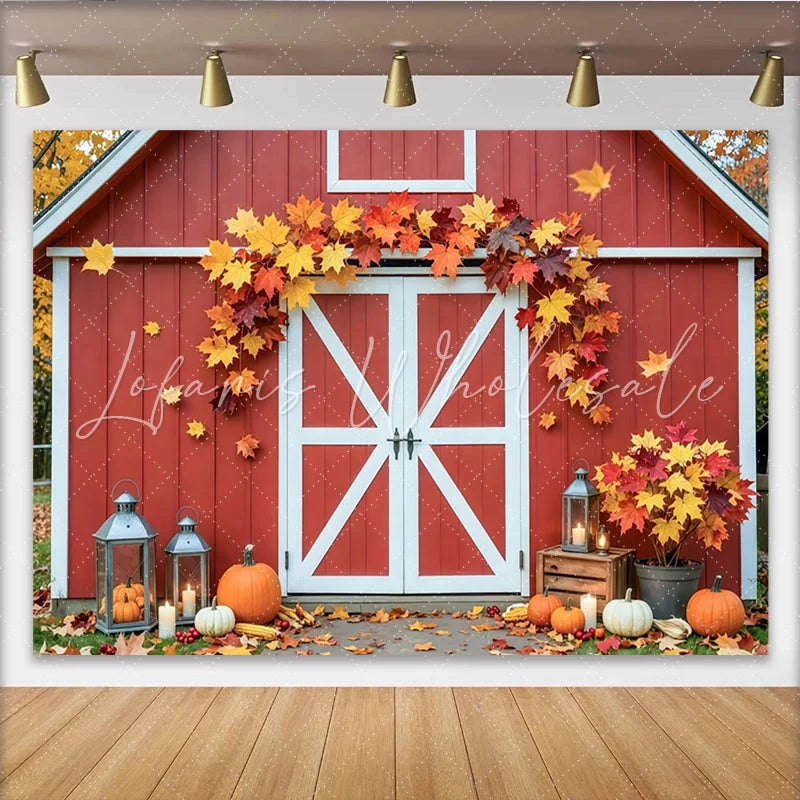 Celebrate Red Barn Autumn Backdrop with Pumpkins and Maple Leaves Rustic Fall Background for Thanksgiving Party Decoration