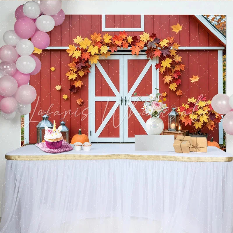 Celebrate Red Barn Autumn Backdrop with Pumpkins and Maple Leaves Rustic Fall Background for Thanksgiving Party Decoration