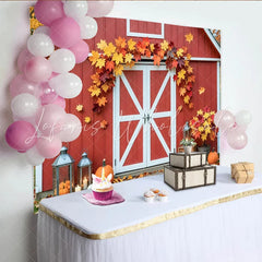 Celebrate Red Barn Autumn Backdrop with Pumpkins and Maple Leaves Rustic Fall Background for Thanksgiving Party Decoration