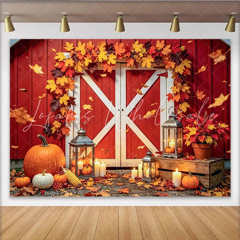 Celebrate Red Barn Thanksgiving Backdrop with Autumn Maple Leaves Cozy Pumpkin and Lantern Background for Fall Party Decor