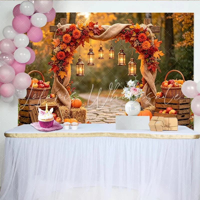 Celebrate Rustic Autumn Backdrop with Pumpkins and Lanterns Beautiful Thanksgiving Harvest Background for Photoshoot