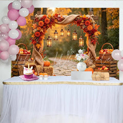 Celebrate Rustic Autumn Backdrop with Pumpkins and Lanterns Beautiful Thanksgiving Harvest Background for Photoshoot