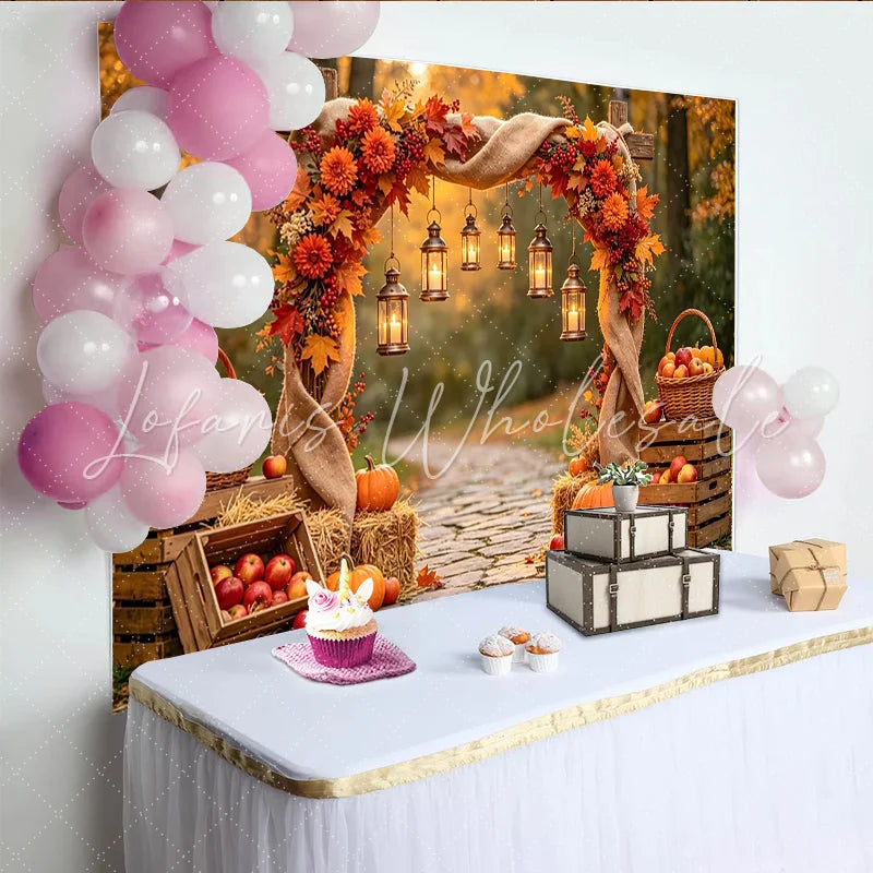 Celebrate Rustic Autumn Backdrop with Pumpkins and Lanterns Beautiful Thanksgiving Harvest Background for Photoshoot