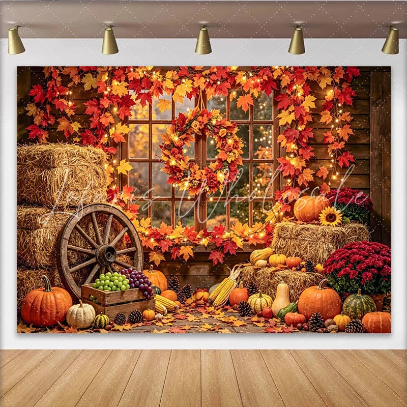 Celebrate Rustic Autumn Backdrop with Pumpkins and Maple Leaves Cozy Fall Barn Window Background for Studio Portrait