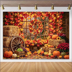 Celebrate Rustic Autumn Backdrop with Pumpkins and Maple Leaves Cozy Fall Barn Window Background for Studio Portrait