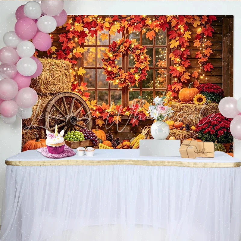 Celebrate Rustic Autumn Backdrop with Pumpkins and Maple Leaves Cozy Fall Barn Window Background for Studio Portrait