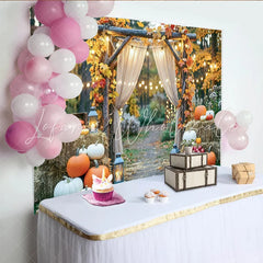 Celebrate Rustic Autumn Backdrop with Pumpkins and Maple Leaves Elegant Wood Arch Background for Fall Harvest Photoshoot