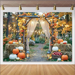 Celebrate Rustic Autumn Backdrop with Pumpkins and Maple Leaves Elegant Wood Arch Background for Fall Harvest Photoshoot