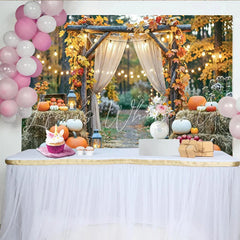 Celebrate Rustic Autumn Backdrop with Pumpkins and Maple Leaves Elegant Wood Arch Background for Fall Harvest Photoshoot