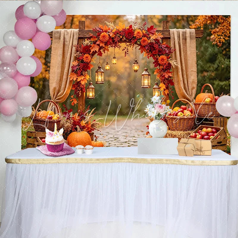 Celebrate Rustic Autumn Backdrop with Pumpkins and Maple Leaves Harvest Thanksgiving Background for Outdoor Portrait