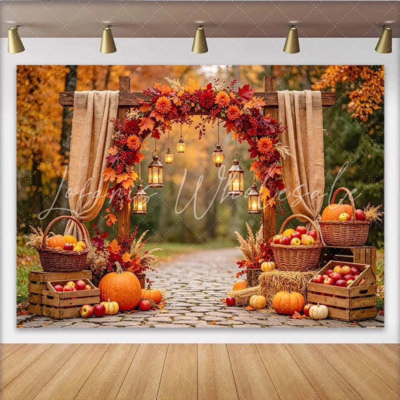 Celebrate Rustic Autumn Backdrop with Pumpkins and Maple Leaves Harvest Thanksgiving Background for Outdoor Portrait