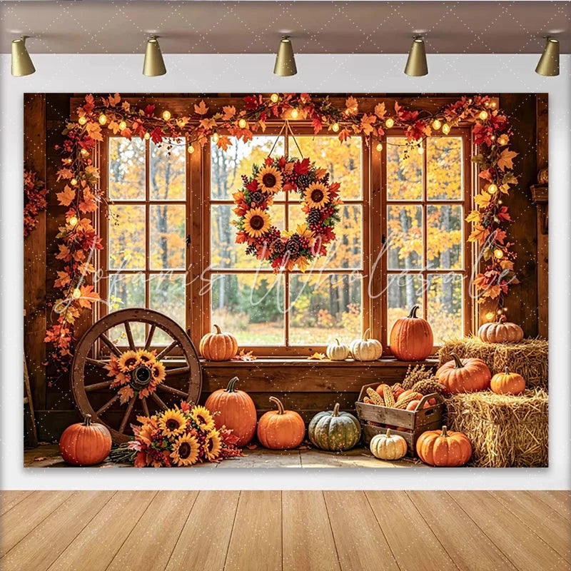 Celebrate Rustic Autumn Backdrop with Pumpkins and Sunflowers Cozy Thanksgiving Window Background for Studio Portrait