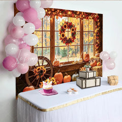 Celebrate Rustic Autumn Backdrop with Pumpkins and Sunflowers Cozy Thanksgiving Window Background for Studio Portrait