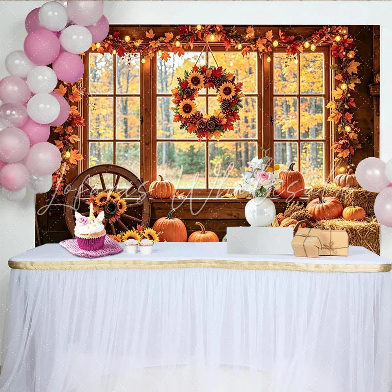 Celebrate Rustic Autumn Backdrop with Pumpkins and Sunflowers Cozy Thanksgiving Window Background for Studio Portrait