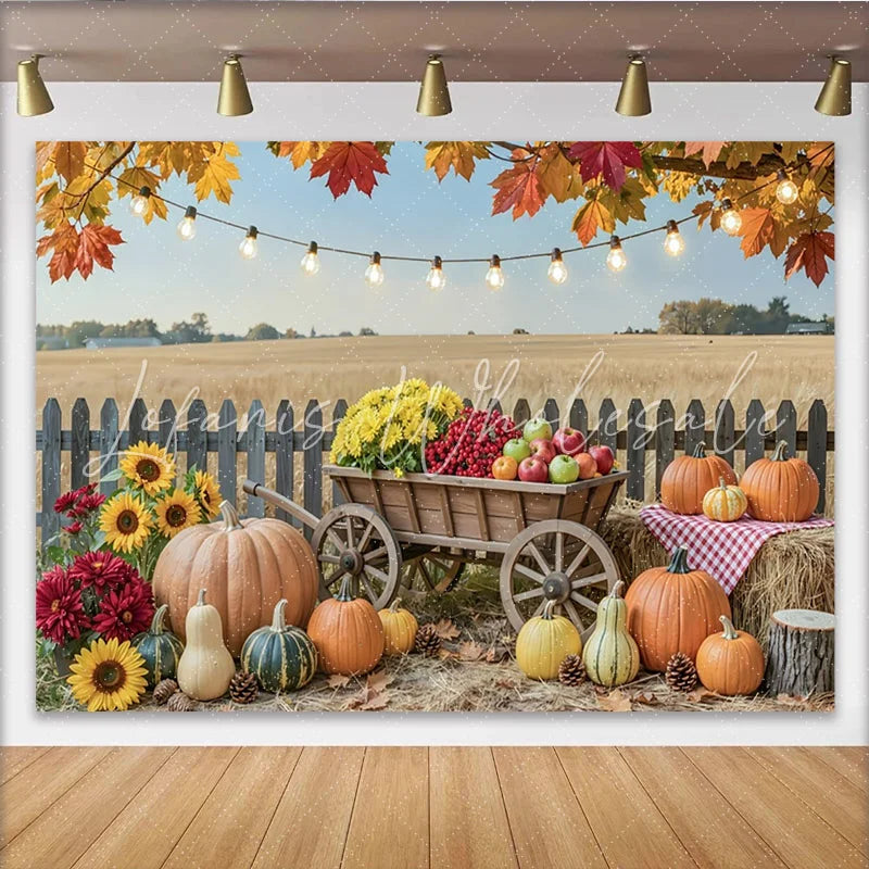 Celebrate Rustic Autumn Backdrop with Pumpkins and Sunflowers Harvest Wooden Cart Background for Thanksgiving Photo Booth