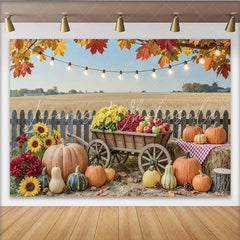 Celebrate Rustic Autumn Backdrop with Pumpkins and Sunflowers Harvest Wooden Cart Background for Thanksgiving Photo Booth