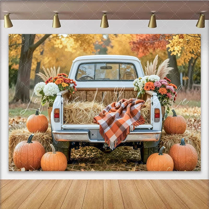 Celebrate Rustic Autumn Backdrop with Vintage Truck and Pumpkins Harvest Thanksgiving Background for Fall Portrait Photoshoot