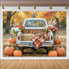 Celebrate Rustic Autumn Backdrop with Vintage Truck and Pumpkins Harvest Thanksgiving Background for Fall Portrait Photoshoot