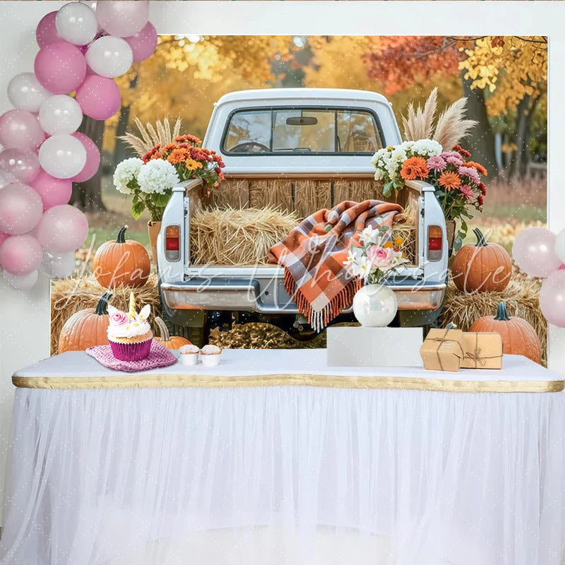 Celebrate Rustic Autumn Backdrop with Vintage Truck and Pumpkins Harvest Thanksgiving Background for Fall Portrait Photoshoot