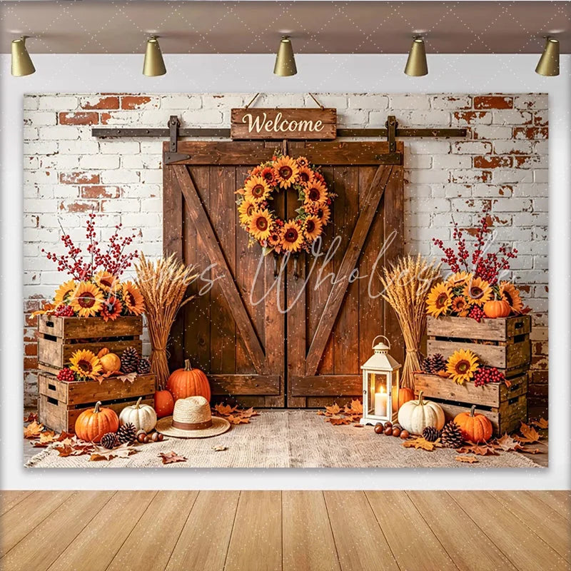 Celebrate Rustic Autumn Barn Door Photography Backdrop for Fall Beautiful Sunflower and Pumpkin Background for Studio Photo