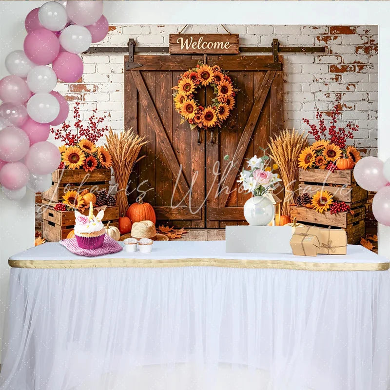 Celebrate Rustic Autumn Barn Door Photography Backdrop for Fall Beautiful Sunflower and Pumpkin Background for Studio Photo