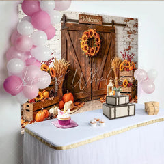 Celebrate Rustic Autumn Barn Door Photography Backdrop for Fall Beautiful Sunflower and Pumpkin Background for Studio Photo