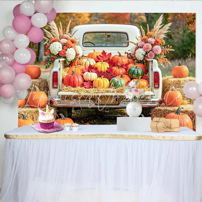 Celebrate Rustic Autumn Harvest Backdrop with White Pumpkin Truck Beautiful Fall Thanksgiving Background for Studio Photo Booth
