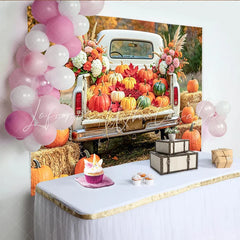 Celebrate Rustic Autumn Harvest Backdrop with White Pumpkin Truck Beautiful Fall Thanksgiving Background for Studio Photo Booth