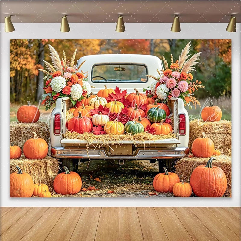 Celebrate Rustic Autumn Harvest Backdrop with White Pumpkin Truck Beautiful Fall Thanksgiving Background for Studio Photo Booth