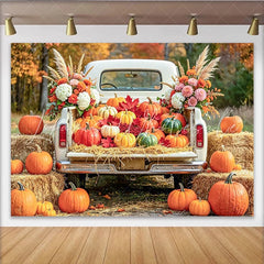 Celebrate Rustic Autumn Harvest Backdrop with White Pumpkin Truck Beautiful Fall Thanksgiving Background for Studio Photo Booth