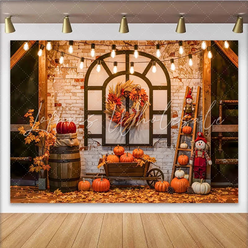 Celebrate Rustic Autumn Thanksgiving Backdrop with Pumpkins and Wreath Cozy Fall Harvest Background for Studio Photo Booth