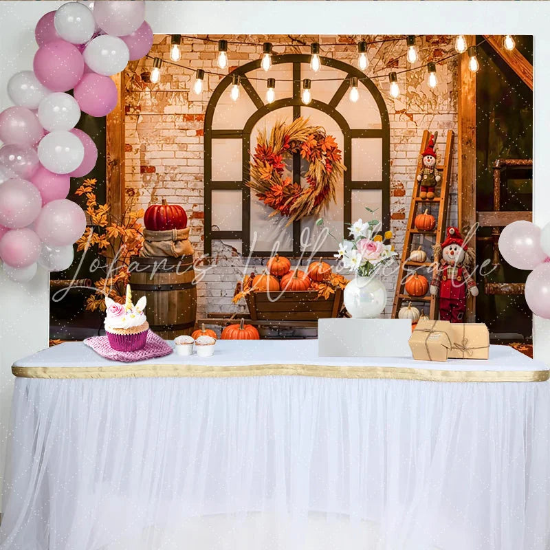 Celebrate Rustic Autumn Thanksgiving Backdrop with Pumpkins and Wreath Cozy Fall Harvest Background for Studio Photo Booth