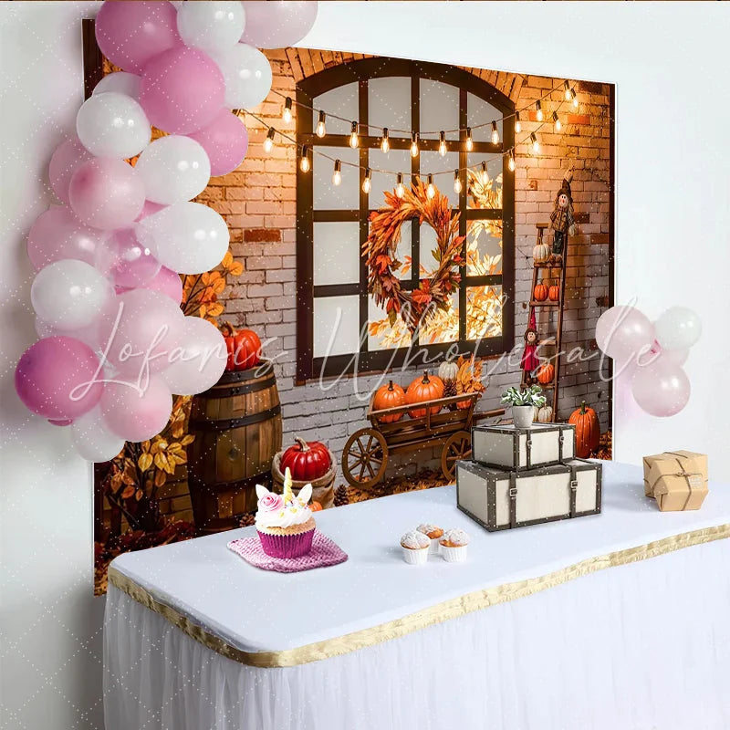 Celebrate Rustic Autumn Thanksgiving Backdrop with Pumpkins Cozy Brick Wall Background for Fall Harvest Party Decor