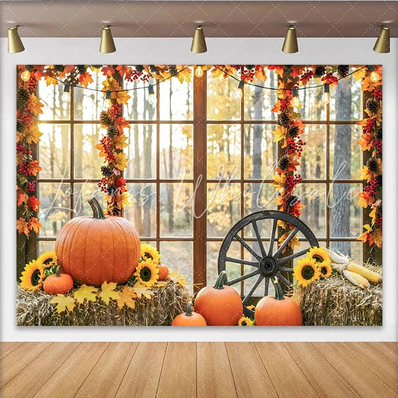 Celebrate Rustic Autumn Thanksgiving Backdrop with Pumpkins Harvest Sunflower Background for Holiday Party Photo Booth