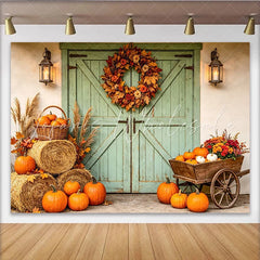 Celebrate Rustic Green Barn Door Autumn Backdrop with Pumpkins Harvest Hay Bales Background for Thanksgiving Party