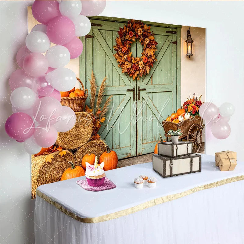 Celebrate Rustic Green Barn Door Autumn Backdrop with Pumpkins Harvest Hay Bales Background for Thanksgiving Party