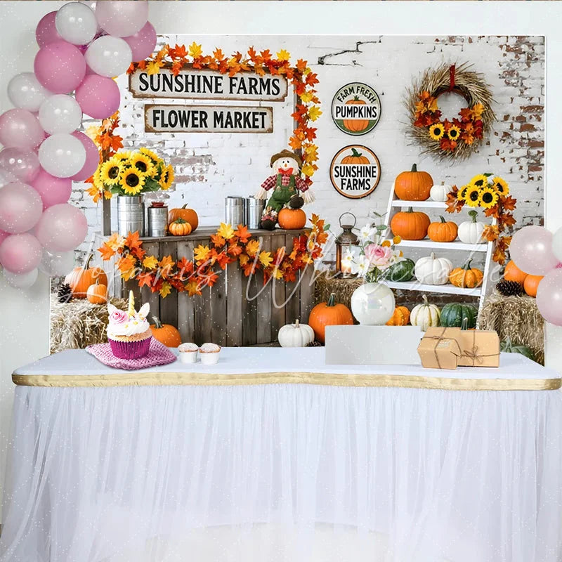 Celebrate Rustic Pumpkin Patch Autumn Backdrop for Fall Harvest Sunflowers and Maple Leaves Background for Studio Photo Booth
