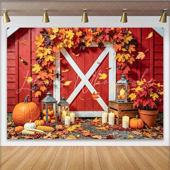 Celebrate Rustic Red Barn Autumn Thanksgiving Backdrop for Family Festive Holiday Party Banner with Pumpkins and Lanterns