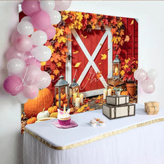 Celebrate Rustic Red Barn Autumn Thanksgiving Backdrop for Family Festive Holiday Party Banner with Pumpkins and Lanterns