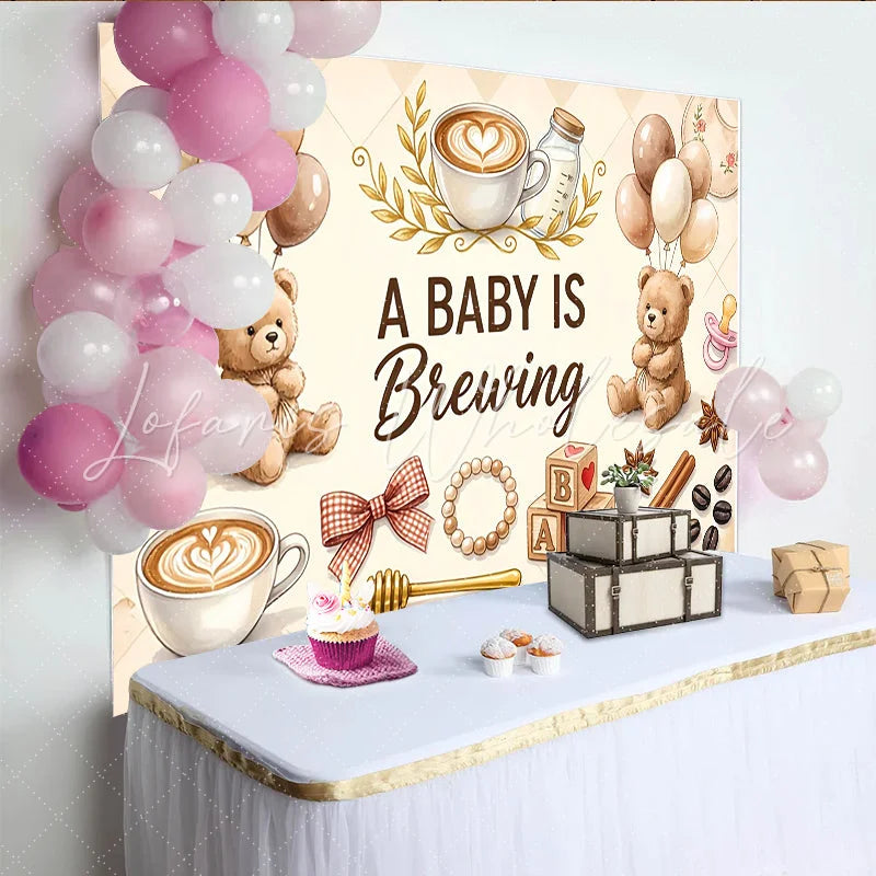 Celebrate Teddy Bear Coffee Baby Shower Backdrop with Balloons and Baby Blocks Cute A Baby Is Brewing Background for Gender Reveal Party