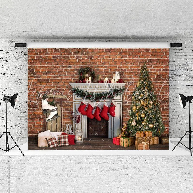 Lofaris Chrismas Tree And Stocking Reddish Brown Brick Backdrop