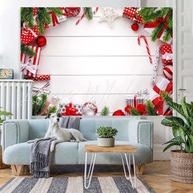 Lofaris Christmas Balls Gifts White Stripe Photoshoot Backdrop