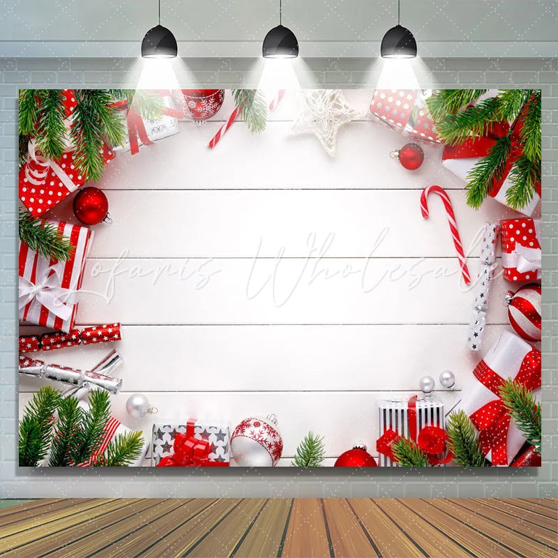 Lofaris Christmas Balls Gifts White Stripe Photoshoot Backdrop