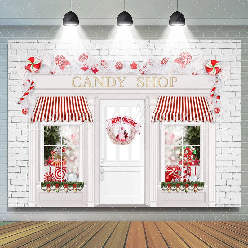 Lofaris Christmas Candy Shop White Red Backdrop For Photo