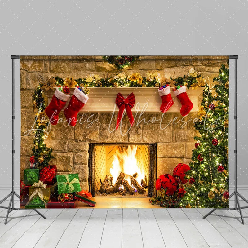 Lofaris Christmas Stockings Tree Brick Firplace Xmas Backdrop