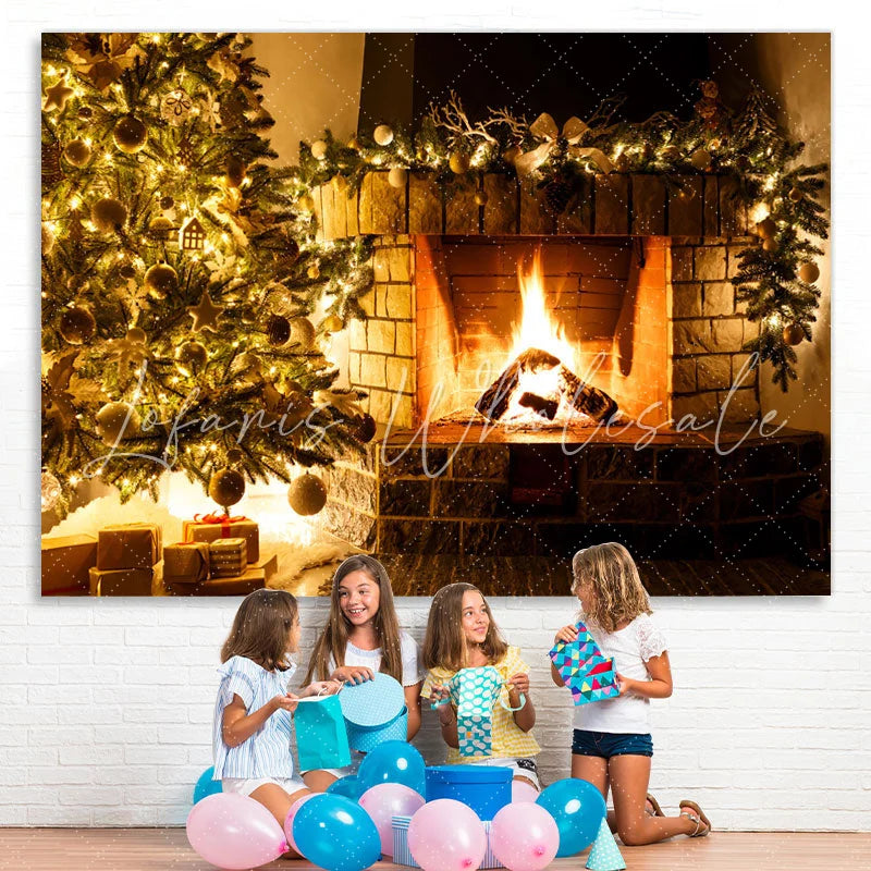 Lofaris Christmas Tree and Fireplace Cozy Backdrop